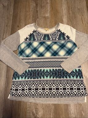 Democracy Mixed Print Pullover in Teal, Navy, Gray